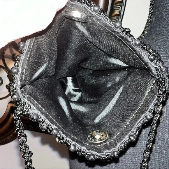 Women’s Vintage Black Beaded Macrame Satin Evening Shoulder Bag Beaded - Picture 7 of 15